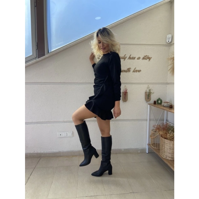 Kadın Uzun Kollu Bisiklet Yaka önden Volanlı Ithal Krep Elbise