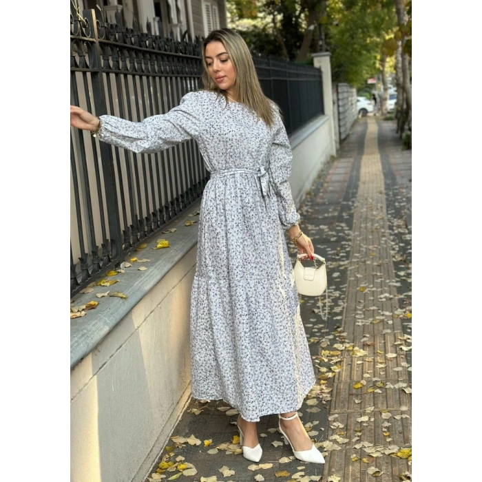 Kadın Uzun Kollu Bisiklet Yaka Papatya Desen Kuşak Dahil Maxi Boy Elbise