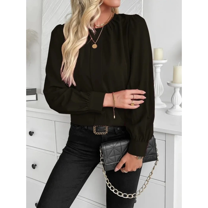 Kadın Uzun Kollu Bisiklet Yaka Pileli Ithal Krep Bluz