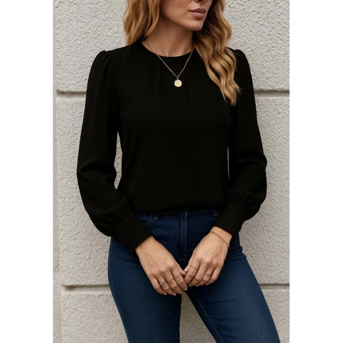 Kadın Uzun Kollu Bisiklet Yaka Pileli Ithal Krep Bluz