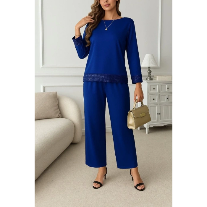 Kadın Uzun Kollu Bisiklet Yaka Pulpayetli Viskon Iki Iplik Bluz Ve Pantolon Ikili Takım