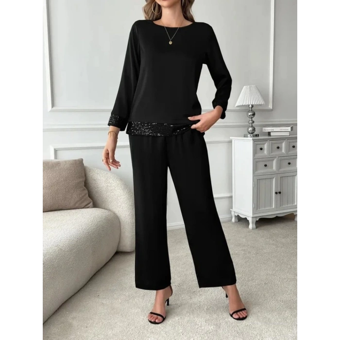Kadın Uzun Kollu Bisiklet Yaka Pulpayetli Viskon Iki Iplik Bluz Ve Pantolon Ikili Takım