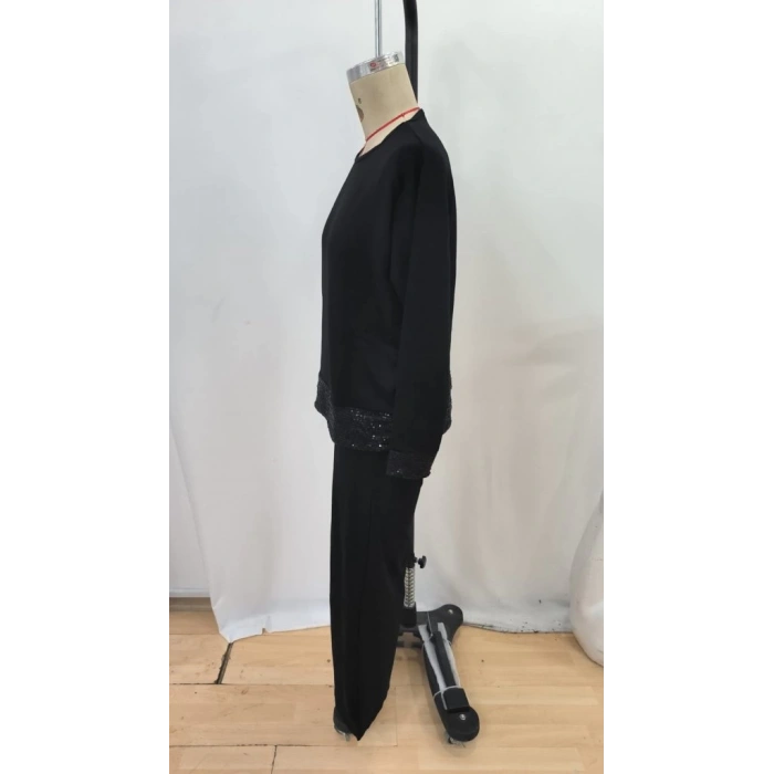 Kadın Uzun Kollu Bisiklet Yaka Pulpayetli Viskon Iki Iplik Bluz Ve Pantolon Ikili Takım