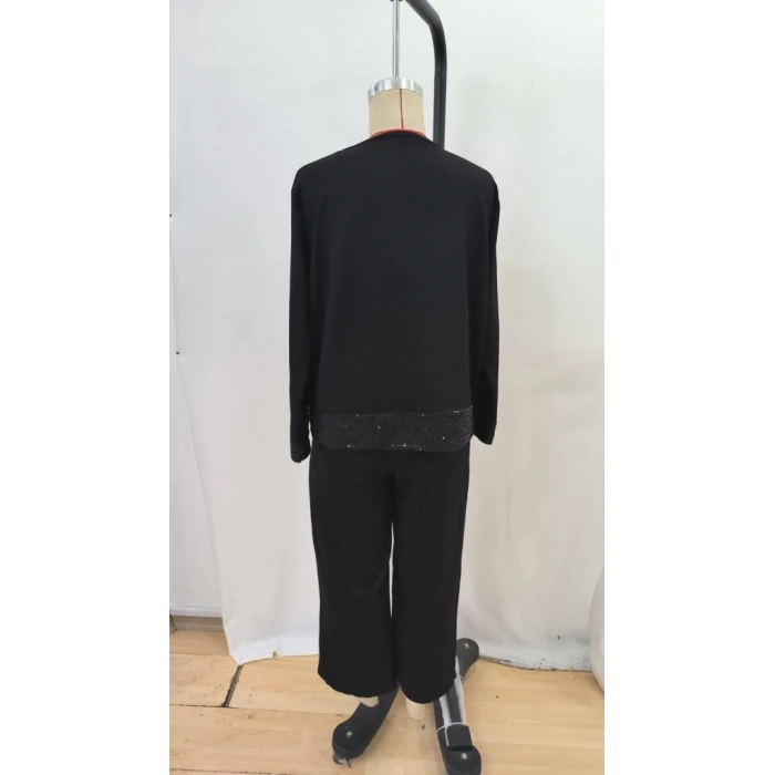 Kadın Uzun Kollu Bisiklet Yaka Pulpayetli Viskon Iki Iplik Bluz Ve Pantolon Ikili Takım