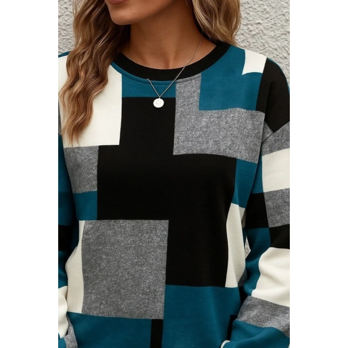 Kadın Uzun Kollu Bisiklet Yaka Renkli Blok Baskı Dalgıç Bluz
