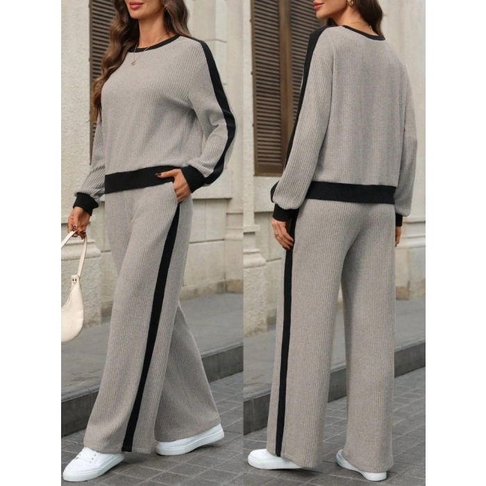 Kadın Uzun Kollu Bisiklet Yaka şardonlu Kaşkorse Bluz Ve Pantolon Ikili Takım
