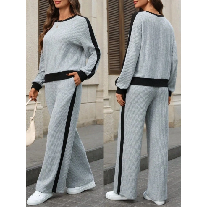 Kadın Uzun Kollu Bisiklet Yaka şardonlu Kaşkorse Bluz Ve Pantolon Ikili Takım