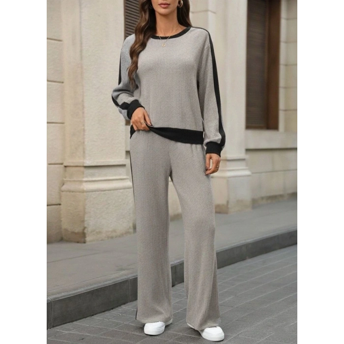 Kadın Uzun Kollu Bisiklet Yaka şardonlu Kaşkorse Bluz Ve Pantolon Ikili Takım