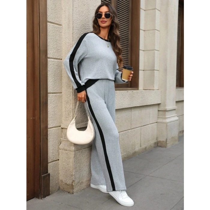 Kadın Uzun Kollu Bisiklet Yaka şardonlu Kaşkorse Bluz Ve Pantolon Ikili Takım