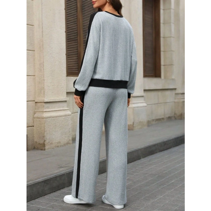 Kadın Uzun Kollu Bisiklet Yaka şardonlu Kaşkorse Bluz Ve Pantolon Ikili Takım