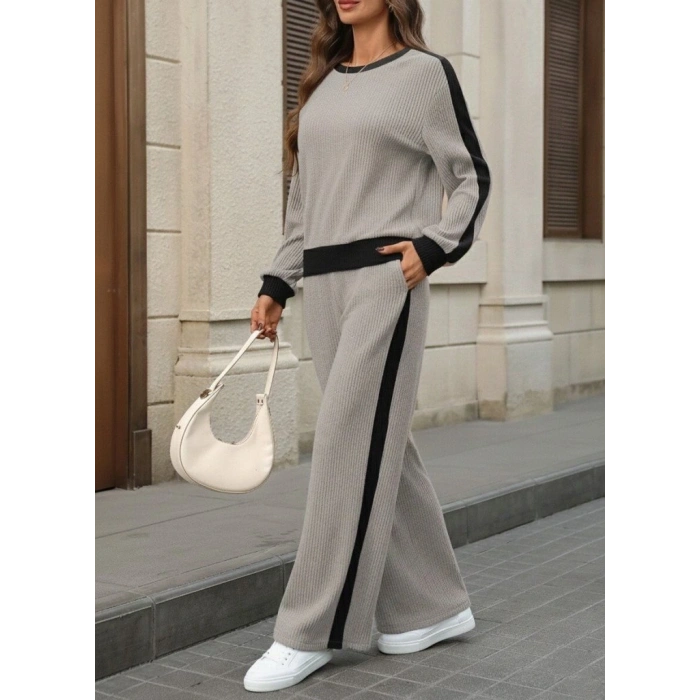 Kadın Uzun Kollu Bisiklet Yaka şardonlu Kaşkorse Bluz Ve Pantolon Ikili Takım