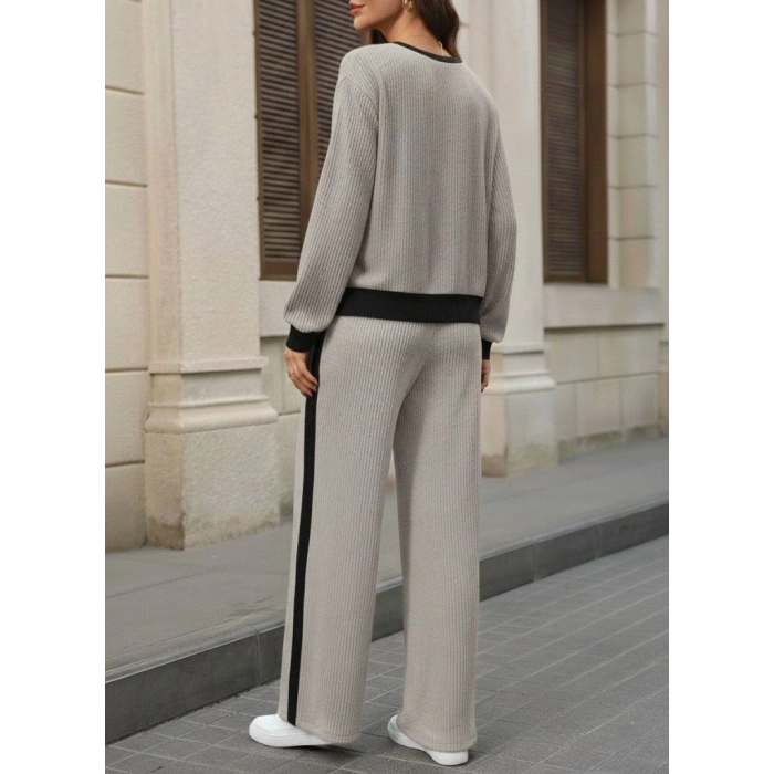 Kadın Uzun Kollu Bisiklet Yaka şardonlu Kaşkorse Bluz Ve Pantolon Ikili Takım