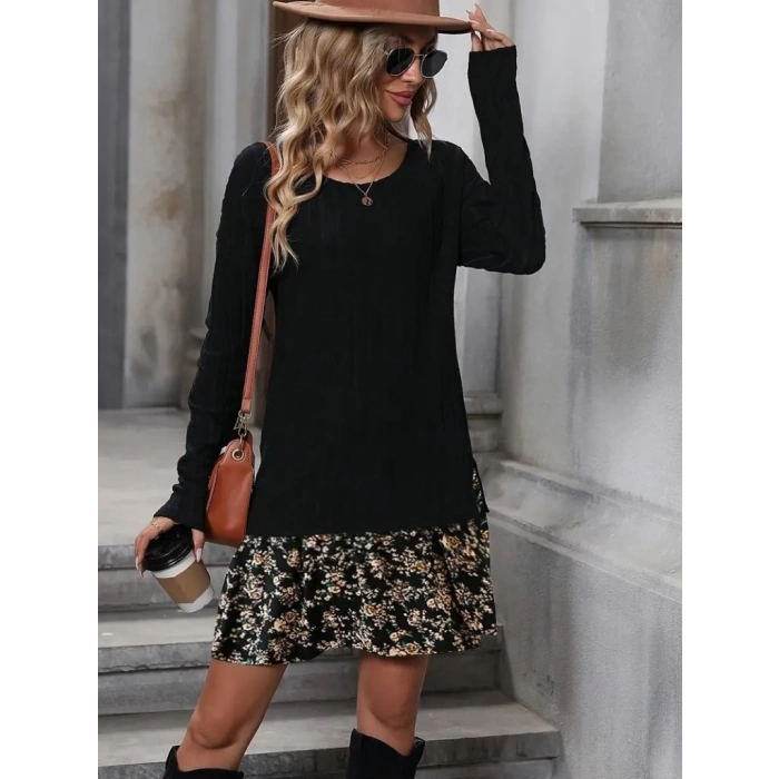 Kadın Uzun Kollu Bisiklet Yaka şardonlu Kaşkorse Bluz Ve Süprem Etek Elbise