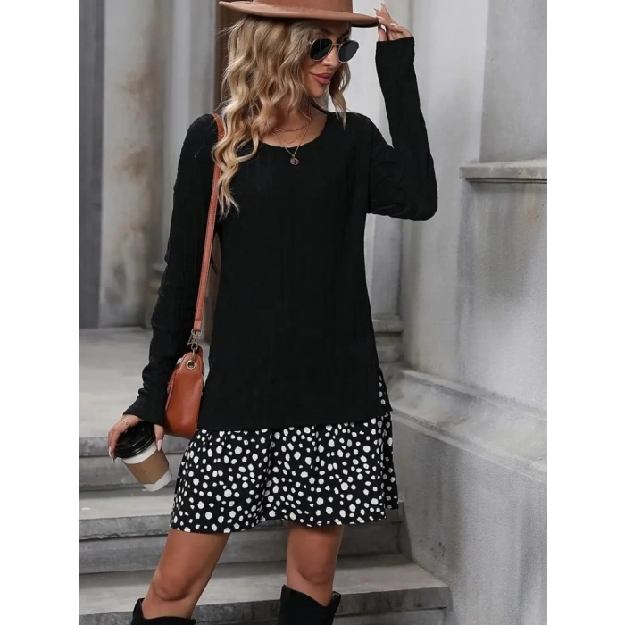 Kadın Uzun Kollu Bisiklet Yaka şardonlu Kaşkorse Bluz Ve Süprem Etek Elbise