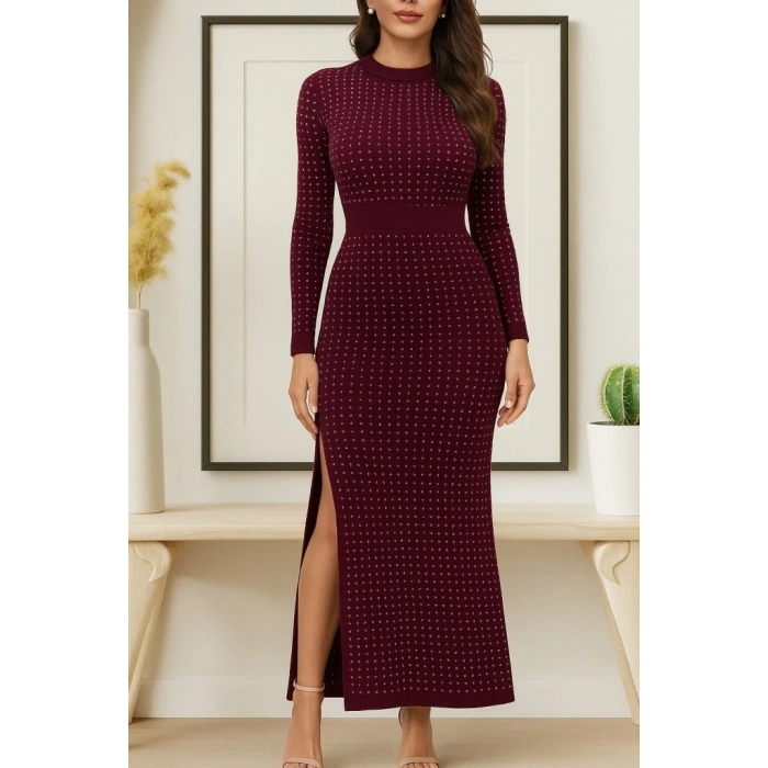 Kadın Uzun Kollu Bisiklet Yaka Taşlı Midi Kadife Elbise