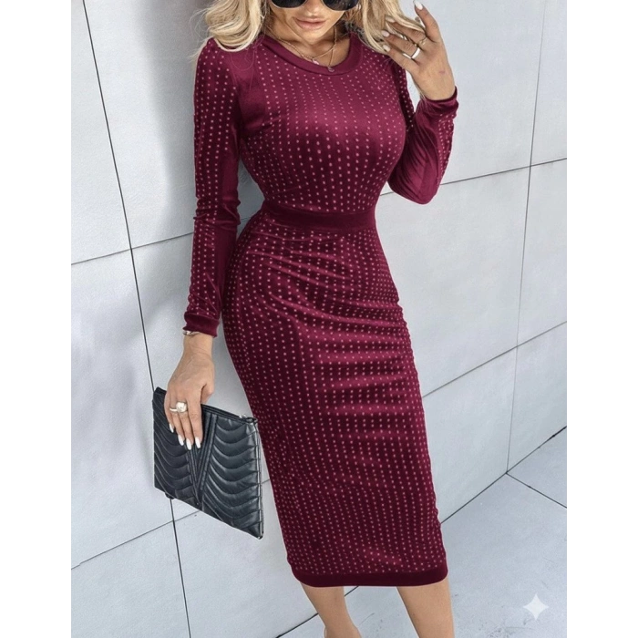 Kadın Uzun Kollu Bisiklet Yaka Taşlı Midi Kadife Elbise