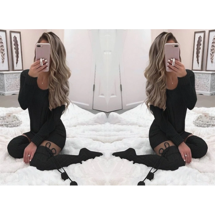 Kadın Uzun Kollu Bisiklet Yaka Triko Elbise (çorapsız)