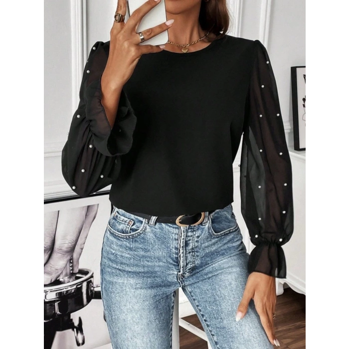 Kadın Uzun Kollu Bisiklet Yaka Tül Detaylı Incili Ithal Krep Bluz