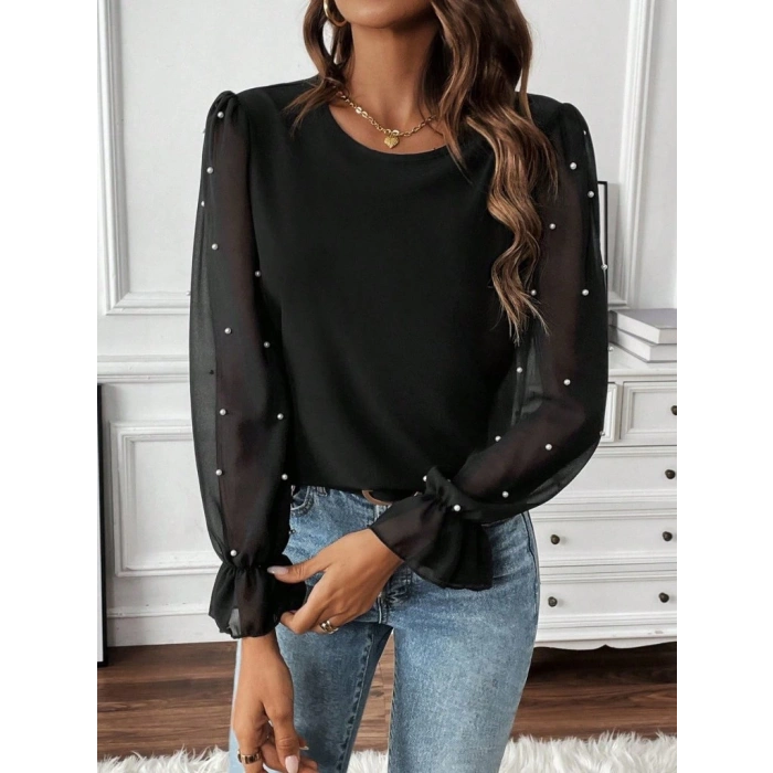 Kadın Uzun Kollu Bisiklet Yaka Tül Detaylı Incili Ithal Krep Bluz