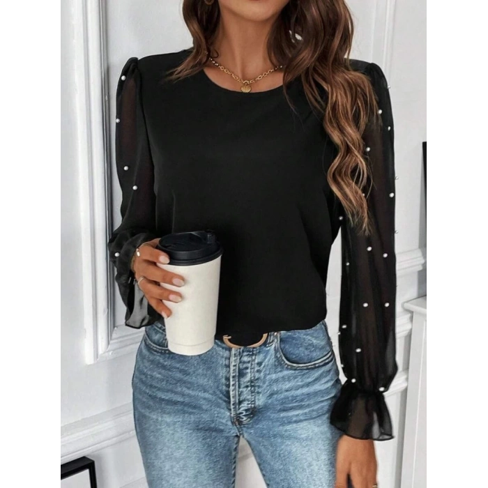 Kadın Uzun Kollu Bisiklet Yaka Tül Detaylı Incili Ithal Krep Bluz