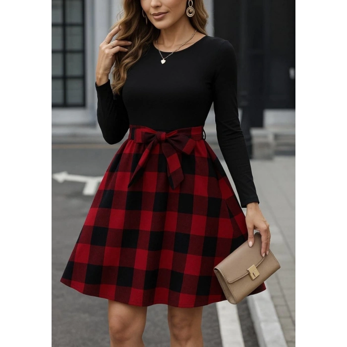 Kadın Uzun Kollu Bisiklet Yaka üst Viskon Alt Ekose Kısa Elbise