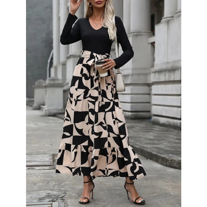 Kadın Uzun Kollu Bisiklet Yaka Uzun Elbise