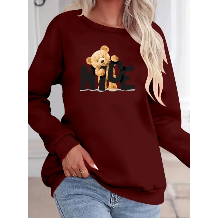 Kadın Uzun Kollu Bisiklet Yaka Viskon Iki Iplik Bluz