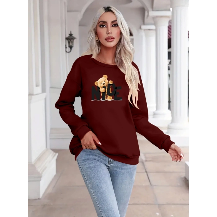 Kadın Uzun Kollu Bisiklet Yaka Viskon Iki Iplik Bluz