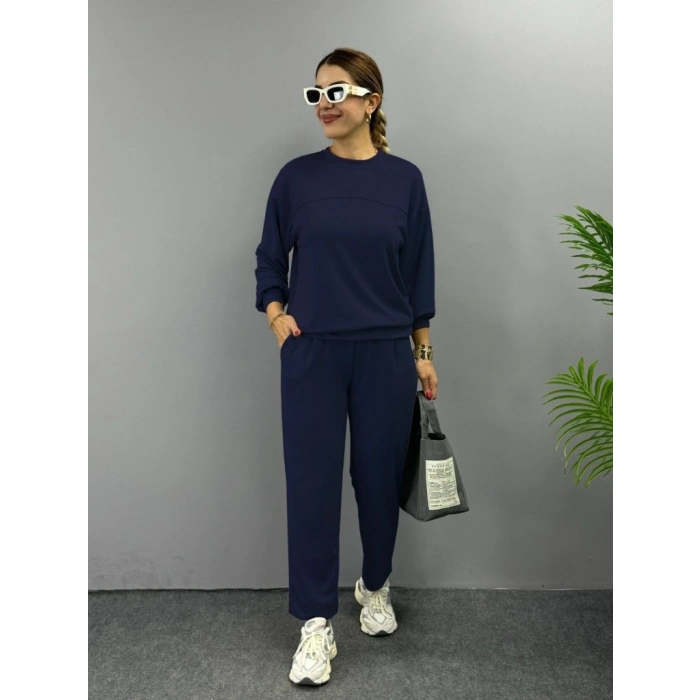 Kadın Uzun Kollu Bisiklet Yaka Viskon Iki Iplik Bluz Ve Pantolon Ikili Takım