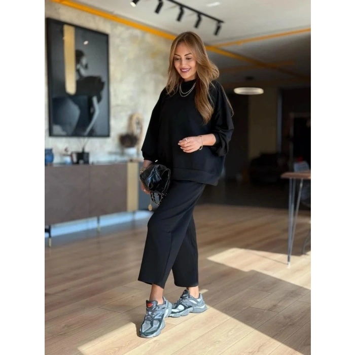 Kadın Uzun Kollu Bisiklet Yaka Viskon Iki Iplik Bluz Ve Pantolon Ikili Takım