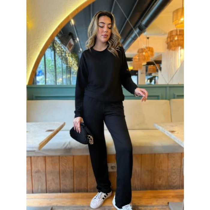 Kadın Uzun Kollu Bisiklet Yaka Viskon Iki Iplik Bluz Ve Pantolon Ikili Takım