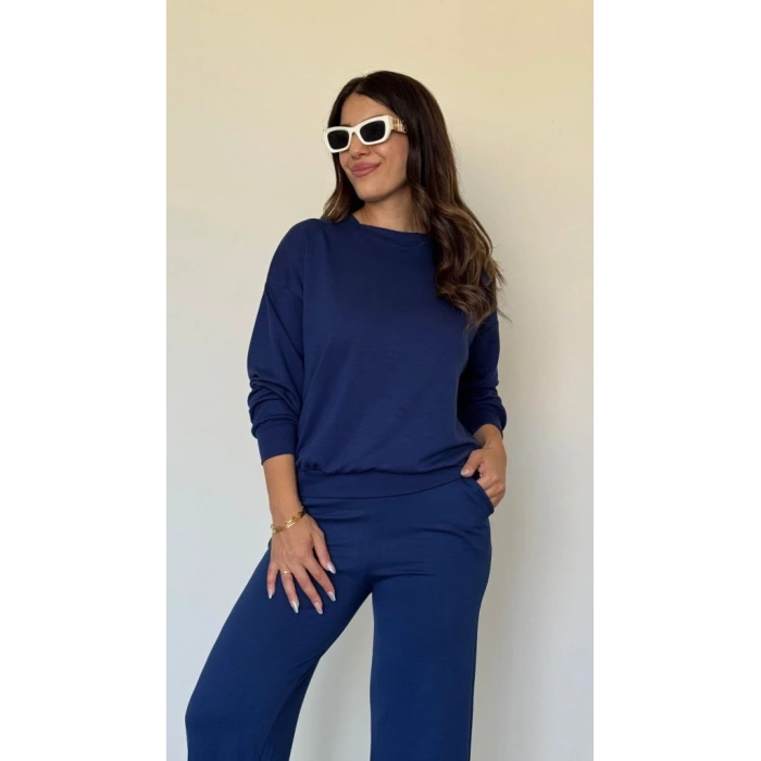 Kadın Uzun Kollu Bisiklet Yaka Viskon Iki Iplik Bluz Ve Pantolon Ikili Takım