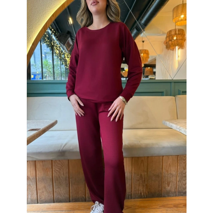 Kadın Uzun Kollu Bisiklet Yaka Viskon Iki Iplik Bluz Ve Pantolon Ikili Takım