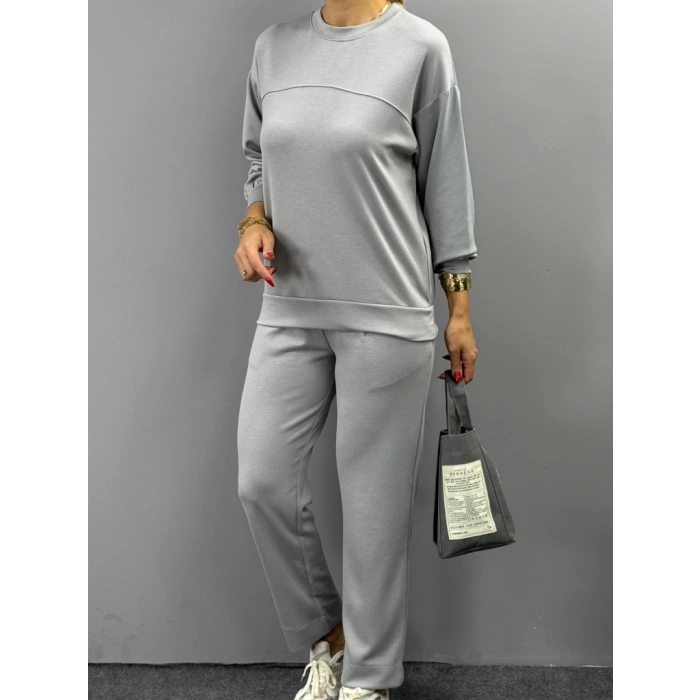 Kadın Uzun Kollu Bisiklet Yaka Viskon Iki Iplik Bluz Ve Pantolon Ikili Takım
