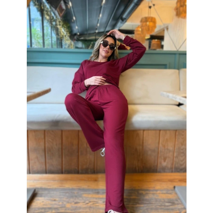 Kadın Uzun Kollu Bisiklet Yaka Viskon Iki Iplik Bluz Ve Pantolon Ikili Takım