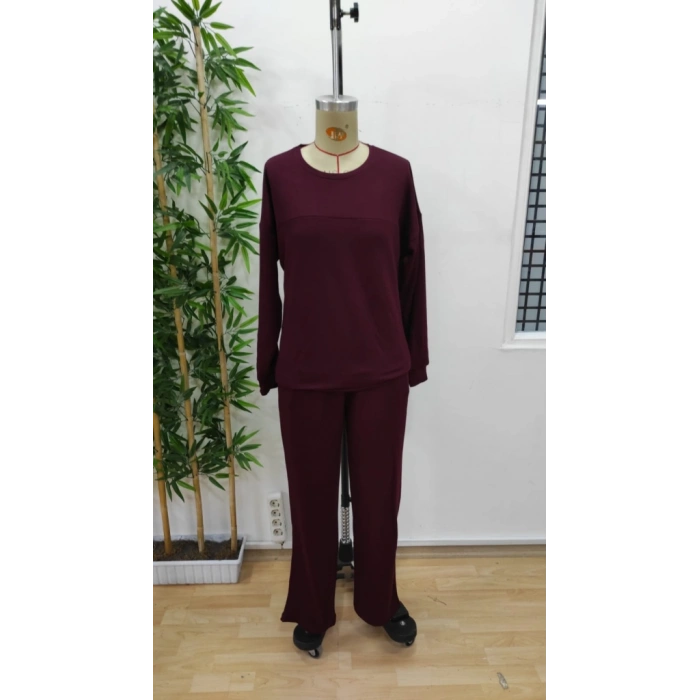 Kadın Uzun Kollu Bisiklet Yaka Viskon Iki Iplik Bluz Ve Pantolon Ikili Takım