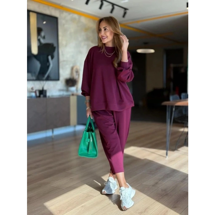 Kadın Uzun Kollu Bisiklet Yaka Viskon Iki Iplik Mor Bluz Ve Pantolon Ikili Takım