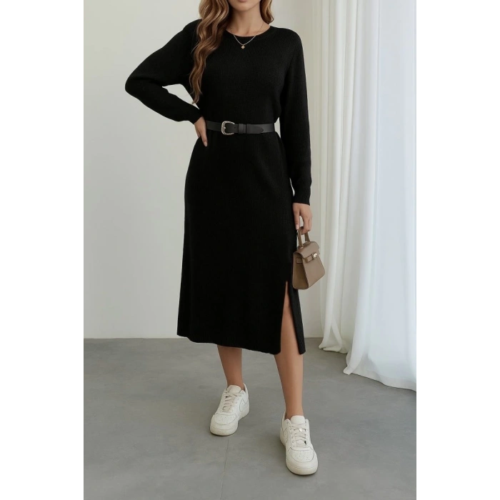 Kadın Uzun Kollu Bisiklet Yaka Yandan Yırtmaçlı Midi Triko Elbise