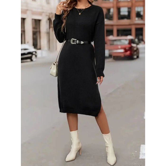 Kadın Uzun Kollu Bisiklet Yaka Yandan Yırtmaçlı Midi Triko Elbise(kemersiz)
