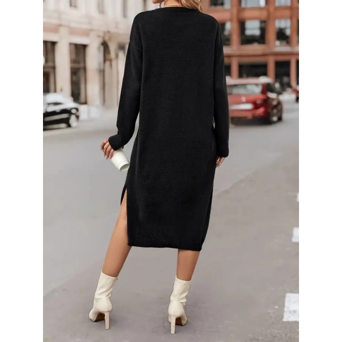 Kadın Uzun Kollu Bisiklet Yaka Yandan Yırtmaçlı Midi Triko Elbise(kemersiz)