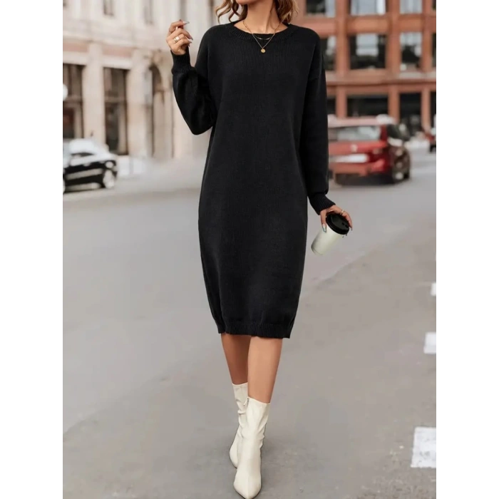 Kadın Uzun Kollu Bisiklet Yaka Yandan Yırtmaçlı Midi Triko Elbise(kemersiz)