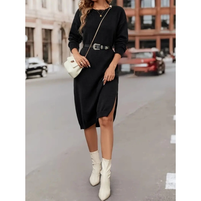 Kadın Uzun Kollu Bisiklet Yaka Yandan Yırtmaçlı Midi Triko Elbise(kemersiz)