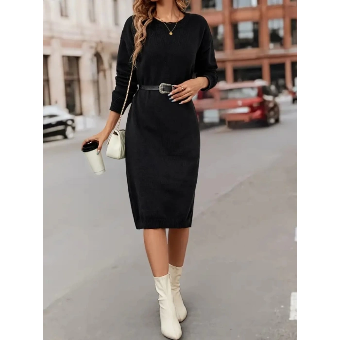 Kadın Uzun Kollu Bisiklet Yaka Yandan Yırtmaçlı Midi Triko Elbise(kemersiz)