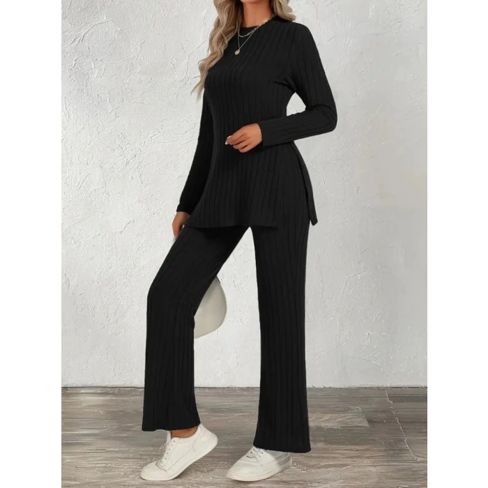 Kadın Uzun Kollu Bisiklet Yaka Yandan Yırtmaçlı şardonlu Kaşkorse Bluz Ve Pantolon Ikili Takım