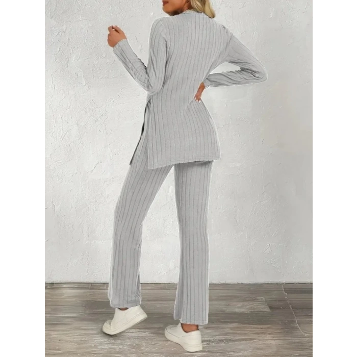 Kadın Uzun Kollu Bisiklet Yaka Yandan Yırtmaçlı şardonlu Kaşkorse Bluz Ve Pantolon Ikili Takım