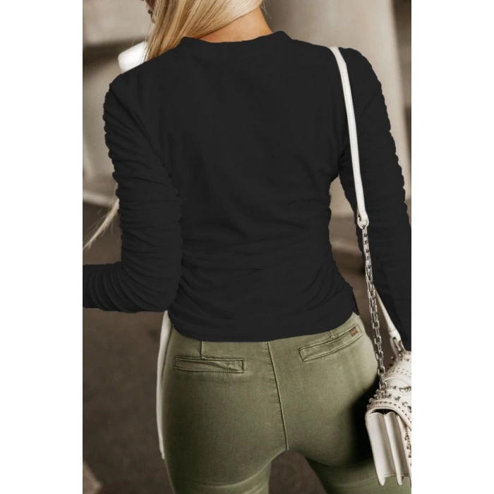Kadın Uzun Kollu Bisiklet Yaka Yanları Ve Kolları Büzgülü Kadife Bluz