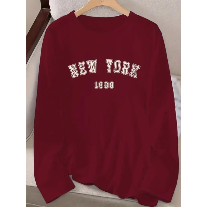 Kadın Uzun Kollu Bisiklet Yaka Yazı Baskılı Viskon Bluz