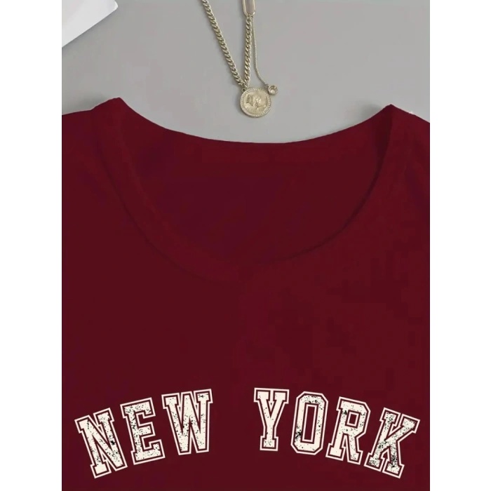 Kadın Uzun Kollu Bisiklet Yaka Yazı Baskılı Viskon Bluz