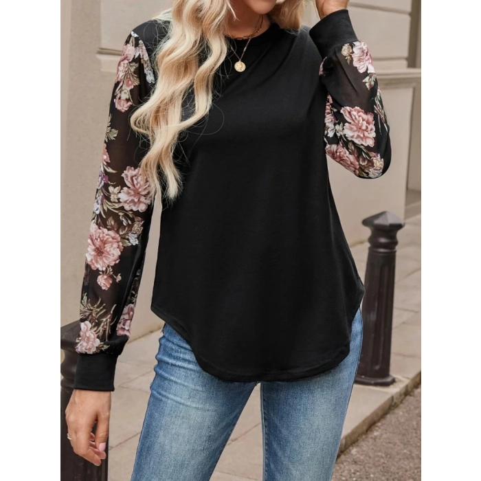 Kadın Uzun Kollu Bisiklet Yakalı Kolun çiçek Desenli Viskon Iki Iplik Bluz