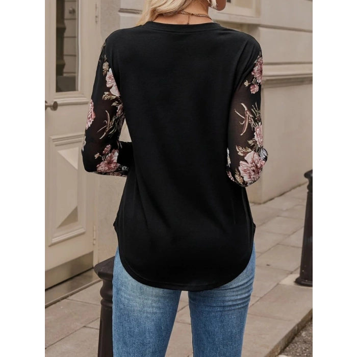 Kadın Uzun Kollu Bisiklet Yakalı Kolun çiçek Desenli Viskon Iki Iplik Bluz